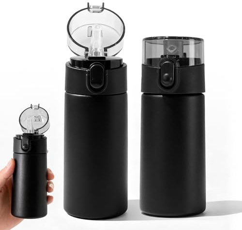 2 Stück Trinkflasche Klein, 150ml Edelstahl Thermosflasche mit Strohhalm, Kompakt Auslaufsicher, Einhand-Bedienung, Heiße & Kalte Getränke, Tragbarer Isolierflasche für Sport, Outdoor, Schwarz