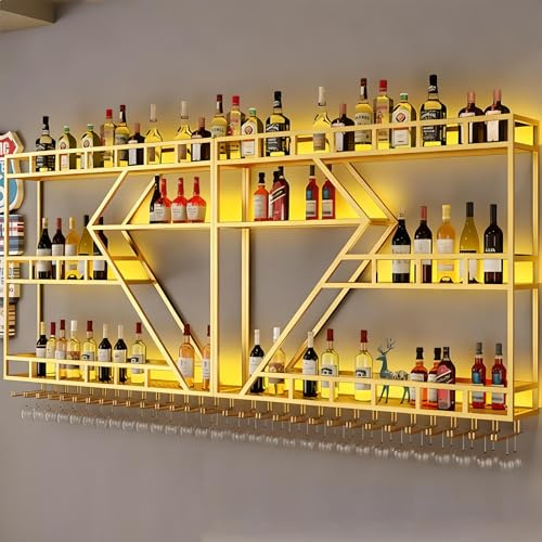 amhricho Botellero de Pared Metálico para Vinos, Moderno Botellero de Pared con Soporte para Copas, Estante para Licores y Estantes de Bar para Botellas de Licor (3 Capas Gold, 160 * 20 * 85CM)