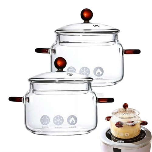 Olla de vidrio con tapa, 5.9 pulgadas de diámetro, 1.5 L, cacerola de vidrio de borosilicato resistente al calor, olla apta para horno para cocina de inducción, microondas y refrigerador, calentador