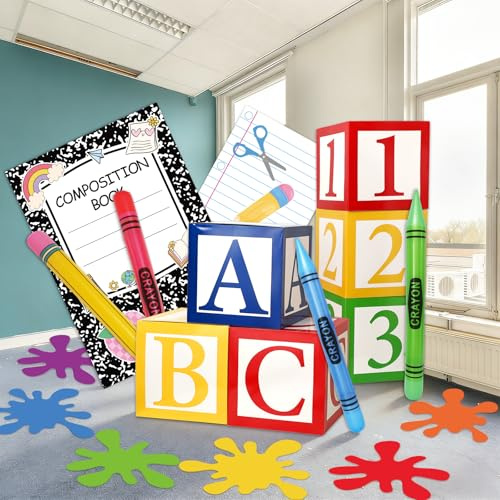 JarThenaAMCS 19Pcs Giant Back to School Classroom Decorations Colorful Inflatable Crayon Pencil Balloons Number Alphabet Paper Box for First Day of School Party Photo Props Supplies