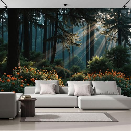Papel Pintado Panorámico Naturaleza Bosque Arbustos Flores 352An×250Al cm Fotomurales No Tejido, Murales Decoración Póster Pared Personalizado XL 3D Para Salón Dormitorio, Verde Oscuro