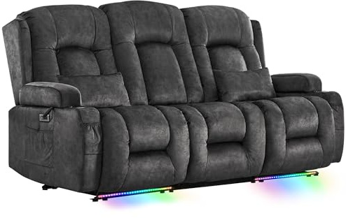 SnyFivv Elektrischer Relaxsessel mit Liegefunktion, Dreisitzer Fernsehsessel mit Konsole TV Sessel Heimkino mit Heizung & Vibrationsmassage | USB & Type C | Getränkehalter | Samt (Grau)