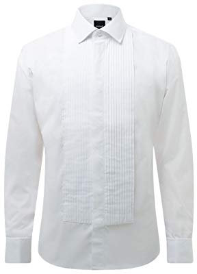 Dobell Mens White Tuxedo Dress Shirt Regular Fit Standard Collar Double Cuff Pleated Fly Front-17