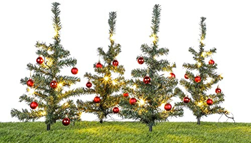 Spetebo Lichterbäumchen Gartenstecker 45 cm, 4er Set, 40 LED | Mit Kugeln, Künstliche Tannenbäume beleuchtet, Weihnachts Deko Garten Beleuchtung, Für draußen