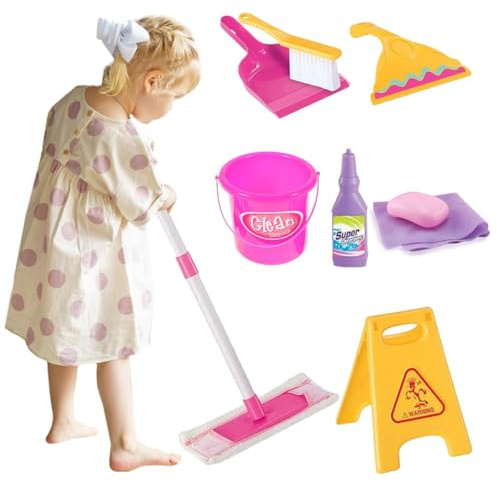 Koolbitz Kids Cleaning Set 11 Pieces Toy Broom, Mop, Brush, Dust Pan, Duster, Sponge, Spray, Bucket, Caution Sign Pretend Play Role Cleaning Set Toys