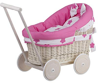 e-wicker24 Alles aus Weide Puppenwagen aus Weide mit Bettwäsche perfekte Geschenkidee Korbpuppenwagen schöner Spielzeug aus Korbgeflecht Korbwagen für Puppen Spielzeug für Mädchen
