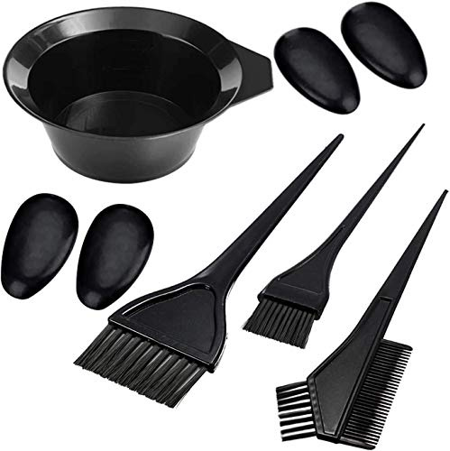 POFET Lot de 8 pinceaux de coloration pour cheveux, bol de teinture pour cheveux, peigne, brosses, salon de coiffure, pinceaux de coloration pour cheveux, bol cache-oreilles (Noir)