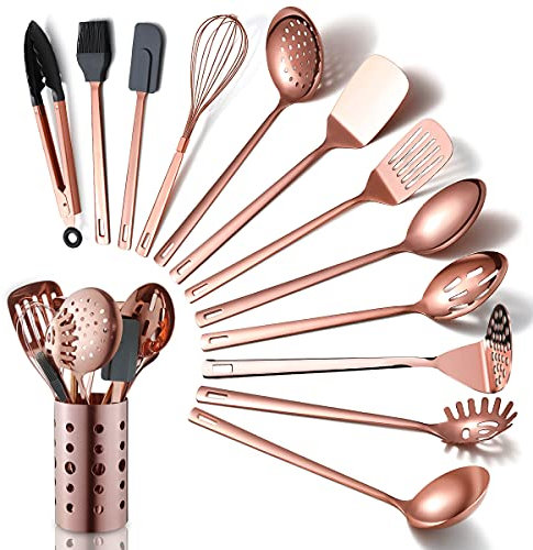 Set Di Utensili Da Cucina In Rame, 13 Pezzi Di Utensili da Cucina in Acciaio Inossidabile Con Placcatura in Oro Rosa Titanio, Set Di Utensili Da Cucina Con Portautensili Per Pentole Antiaderenti