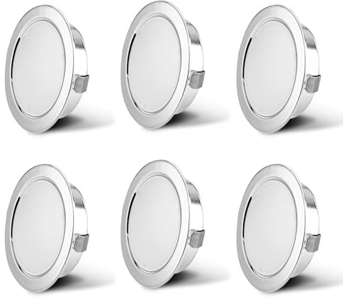 Set de 6 luminaires pour meuble LED 230V, 3,5W LED IP40 G4 15mm spots encastrables pour meuble plat, 3000K blanc chaud, hotte de cuisine, spot encastrable salle de bain (Lot de 6-Chrome)