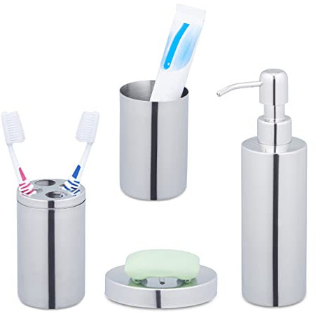 Relaxdays Set Bagno Completo, 4 Accessori, Kit WC Acciaio Inox Lucido, Portaspazzolino, Sapone e Saponetta, Argento