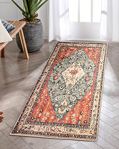 KIMODE Boho Teppich Flur Läufer, 60 x 130cm Waschbarer Klein Kurzflor Schlafzimmer, Weich Kunstwolle Rutschfest Bettvorleger, Vintage Wohnzimmer Esszimmer Rot