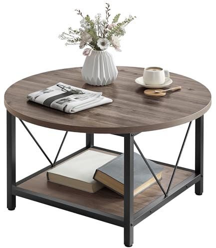 YITAHOME Runder Couchtisch, 80x80x46cm Rustikaler Wohnzimmertisch aus Holz für Wohnzimmer mit Ablage, Moderner Bauernhaus Couchtisch mit Stabilen Metallbeinen, Heimmöbel