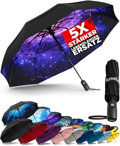 TUMELLA Stärkster sturmfester Reiseschirm (kompakt und hochwertig), kleiner, robuster, aber leichter, tragbarer und automatisch zusammenklappbarer Regenschirm, langlebiger Premium-Griff