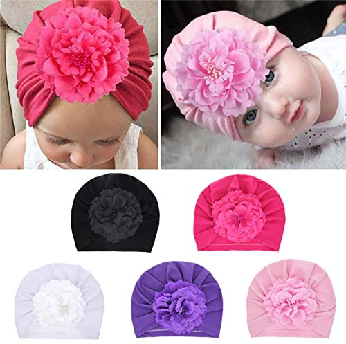 5 Stück Babymütze Neugeborene Infant Baby Mütze Turban Mädchen Baby Stirnband Haarband Große Blume Schleife Mütze Erstlingsmütze Hut mit Niedlichen Bogen Beanie Hut Headwraps für Säuglinge 0-12 Monate