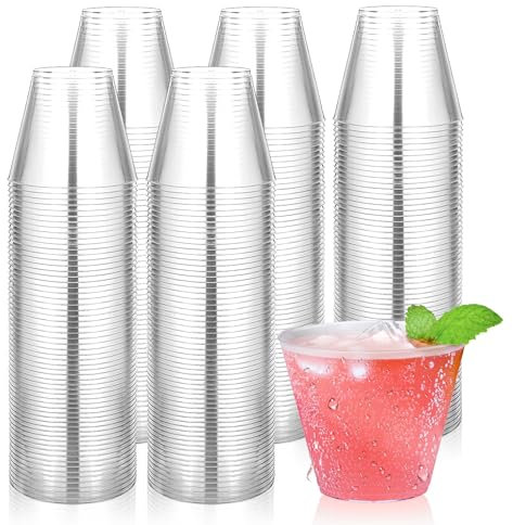 Byvivace 200Counts 9 OZ. Clear Hard Plastic Cups Disposable Cups Old Fashioned Party Tumblers, 9 Ounce Squat Cups Plastic Wine Glasses Cocktail Cups Plastic Drink Cups Punch Cups for Party