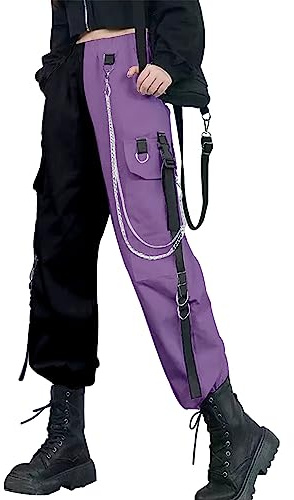 DINGJIUYAN Pantalon cargo gothique avec parachute et chaîne pour femme tailles grandes taille haute Y2k Harajuku Steampunk pantalon d'Halloween, 04 - Violet, XL
