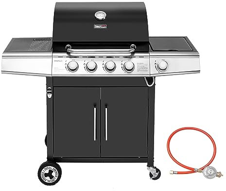 Royal Gourmet 4+1 Brenner Gasgrill Grillwagen mit automatischer Zündung,integriertem Thermometer und Unterschrank Edelstahl Brenner mit 14,5 kW Camping Gasgrill für Outdoor Barbecue Schwarz