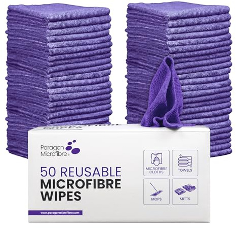 PARAGON Mirofibre 50 Reusable Wipes, Pack of 50, Cloth Size:30 x 30cm, Lint Free, Car Cleaning, Window & Glass, Dusting, Multipurpose, Premium Quality, FREE Storage Box, Purple