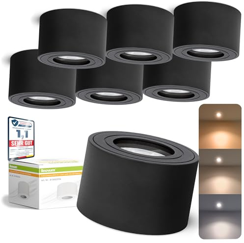 linovum SMOL-W Aufbauspot 6er Set schwarz rund IP44 4W 3 Lichtfarben 65mm | Sechs flache Deckenspots schwarz IP44 - nur 65mm hoch, warm / neutral / kalt, für Bad, Küche & Terrasse, inkl. LED-Modul