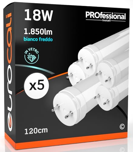Eurocali Tubo LED 120cm 18W in VETRO 1850 lumen - Luce Bianco Freddo 6500K - Sostituzione Neon Tubo T8 - Pacco da 5 tubi