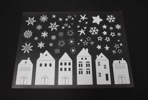 FRANK FLECHTWAREN Fenstersticker Winterhäuser 109er Set – Transparente Folie weiß – Größtes Haus 21 × 14 cm – Wiederverwendbar – Fensterdeko Weihnachten