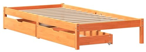 vidaXL Massivholzbett, Holzbett mit Schubladen, Bettgestell Bettrahmen mit Lattenrost, Bett Einzelbett für Schlafzimmer, Wachsbraun 90x200cm Kiefer