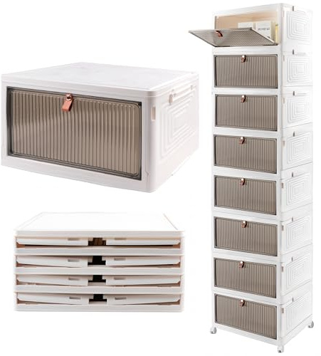 8 Stück Aufbewahrungsbox mit Deckel, 23L Stapelbare Aufbewahrungsboxen mit Rädern, Faltbare Durchsichtig Stapelboxen mit deckel für Haus und Büro Organisation und Lagerung
