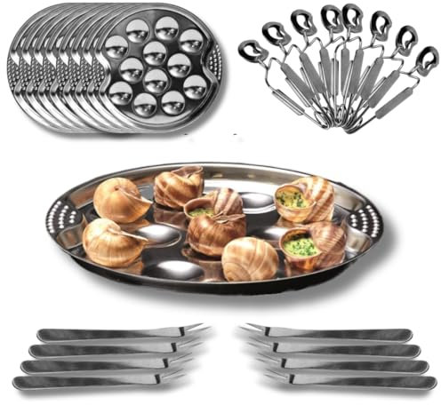 PZL CONCEPT Service à Escargots 12 trous - Assiettes, Pinces et Piques à Escargots en Acier Inoxydable - Coffret Complet d’Ustensiles pour 4, 6, 8 ou 12 personnes (Set 24 pcs)