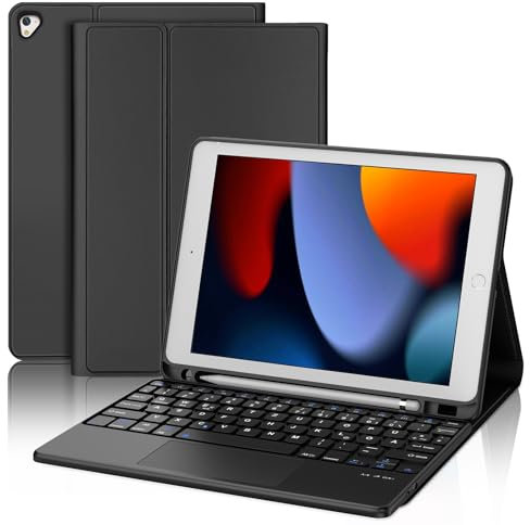 JADEMALL Für iPad 6. Generation Hülle mit Tastatur und Touchpad, Abnehmbare Bluetooth Tastatur Hülle für iPad 5./6. Gen, Pro 9.7, Air 1 & 2, QWERTZ Deutsch – Schwarz