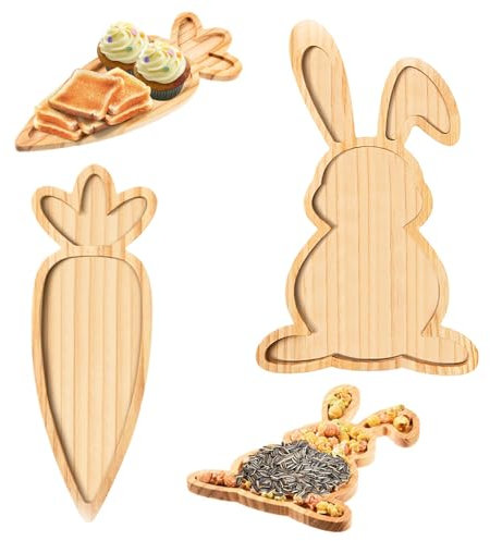 SUNFECILI Rabbit Shaped Charcuterie Board,2pcs Wooden Rabbit Carrot Creative Restaurant Dried Fruit Snack Cheese Easter Charcuterie Plate Dinner Tray,Decorative Rabbit Salad Plates
