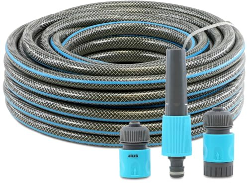 GEEZY 20m Garden Hose Set with Adjustable Water Spray Nozzle & Connectors – Lightweight, Durable & 1/2 Female Tap Connector - Water Pipe for Garden, Lawn, Car Washing & More – Blue & Grey