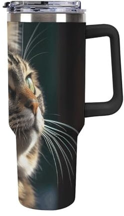 STVNKML Trinkbecher mit Griff, getigerte Katze, Bilder, Edelstahl, Kaffeebecher, wiederverwendbar, Reisebecher, auslaufsicher, isoliert, Autobecher, große Kapazität, Tumbler für Reisen, Outdoor