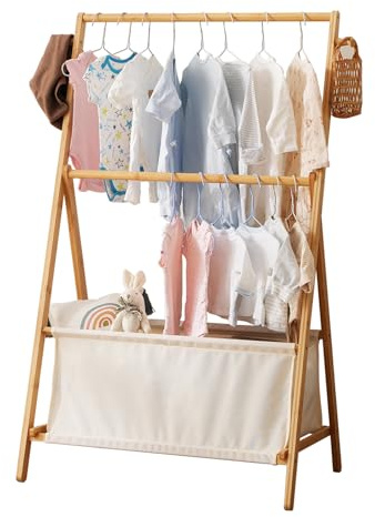 Baveke Kids Clothing Rrack- Kids Dress Up Rack for Little Girls, Bamboo Kids Clothes Rack-Feat FSC-Certified wood, Toddler Dress Up Storage Rack & Folding Costume Rack, Pets Clothes Rack, Natural