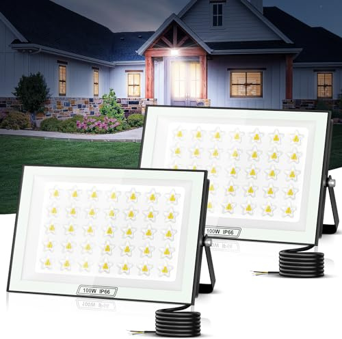 wowspeed Projecteur LED d'extérieur 100W, 10000 lm, ultra-lumineux, blanc froid 6500 K, étanche IP66, pour jardin, allée, garage, couloir, jardin - 2 pièces