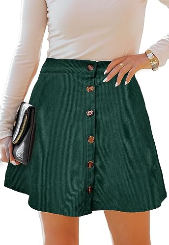 Alaster Queen Women’s Corduroy Mini Skirt Button Front A-line Vintage Pleated Cord Pockets Skirts for Women, Green M
