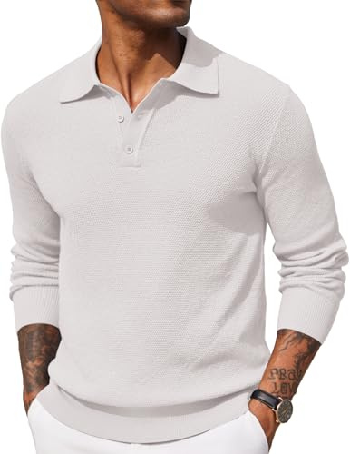 COOFANDY Mens Polo Jumper Long Sleeved Poloshirts Sweater White L