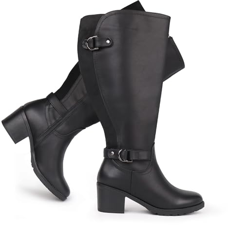 Chicblooms Damen-Reitstiefel mit weitem Schaft und kniehohem Absatz, seitlicher Reißverschluss, Blockabsatz, Schwarz PU, EU 40