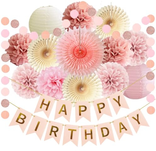 Geburtstagsdeko Beige Rosa Boho Geburtstag Party Deko Mädchen Frauen Seidenpapier Pom Poms Happy Birthday Girlande Boho Rosa Beige Party Deko