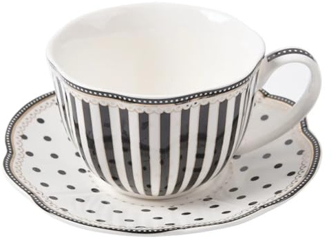 Juego De Tazay Plato Juego de café de cerámica con Rayas Negras, Tazas y platillos de Porcelana China, Tazas de té con cucharas, vajilla de Cocina de Porcelana, Regalos de Boda, 200 ml(Black Set B)