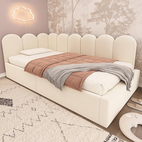 LINKHOO Polsterbett Daybett, Schlafsofa mit hydraulischem Stauraum, Kinderbett mit Metall-Lattenrost(ohne Matratze), Samt, 90x190 cm, Beige
