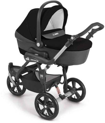 3-in-1 Kombi-Kinderwagen Cortina X3 tris | Mehr Farben verfügbar | inkl. Babyschale, Fußsack & Wickeltasche, Farbe:Schwarz