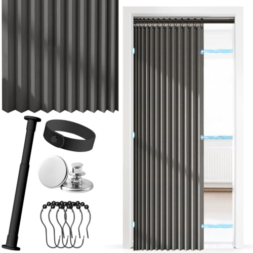 Türvorhang Ohne Bohren, Thermo Türvorhang mit Teleskopstange, Magnetischer Raumteiler für Tür und Zimmer, Geeignet für Thermovorhang, Falttür, Schrankvorhang, Raumteiler und Küchentüren (Grau)