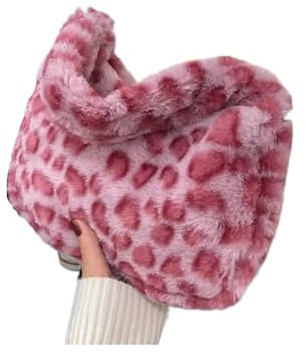TYNXK fluffig tygväska mjuk plysch axelväska dam vinter enfärgad leopardmönster underarm kvinna handväskor tygväska, Rosa, En storlek