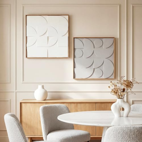 HOMCOM Lot de 2 Tableaux Abstraits 3D Bois Géométrique, 80 x 80 cm, Blanc | Décoration Murale, Suspendu Décor Moderne, pour Salon, Chambre à Coucher, Bureau