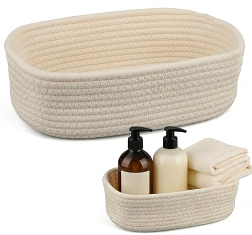 Fizdoqg Aufbewahrungskorb Geflochten 30 x 20 x 9cm Baumwolle Strickkorb Aufbewahrung Weiß Aufbewahrungsbox für Badezimmer, Schminktisch, Schreibtisch, Lagerung Deko, Oval
