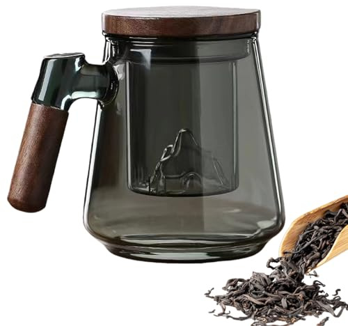 Tekopp med lock och sil, 500 ml tekoppar, stor, trähandtag, temugg med avtagbar tesil, teglas, borosilikat, glaskopp för lösa te-/teälskare/te present
