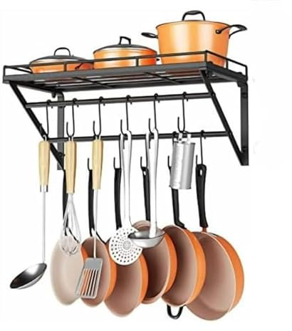 CookSpace Wall Mounted Pot and Pan Rack with 2 Rails and 12 Hooks, Kitchen Storage Shelf, 60cm W x 30cm H x 26cm D, for Cookware and Utensils