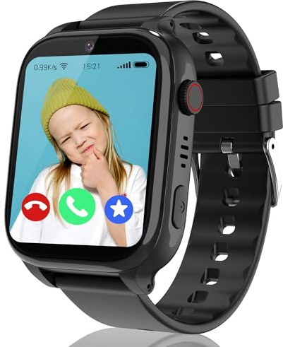 GPS Smart Watch for Kids, 4G Kids Smart Watch Phone with SOS Call/WiFi Location/Vedio Voice Chat, Class Mode, Auto Answer, Alarm, Passcode Lock, IP68 Kid Tracker Gift for Boy Girl Teens (Black)