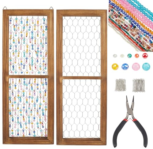 NBEADS Chicken Wire Wooden Frame Kit, Chicken Wire Wood Frame Suncatcher with about 1326Pcs Glass Beads and Toos Unfinished Wood Window Frame for Crafts Photos Jewelry Making, 40.5x15x1.95cm