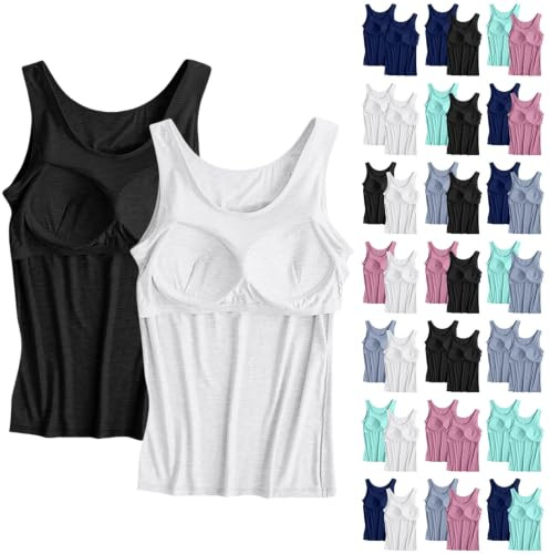 2-pack väst topp kvinnor väst topp med inbyggd vadderad BH UK multipack modal linnen bas ärmlös solida västar rem t-shirt enkel stretch sovande undertröja vardagliga blusar yoga gym träningskläder